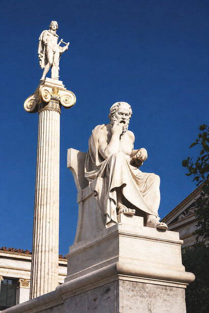 The statues of Socrates and Apollo Citharoedus, created by Greek sculptor Leonidas Drosis, at the Academy of Athens in Athens, Greece
