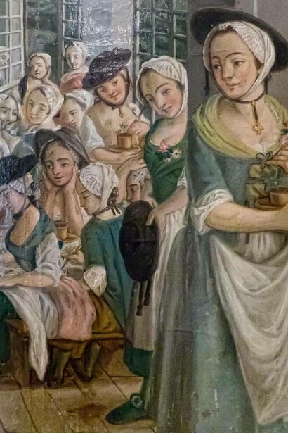 Particolare del dipinto di Gabriel Maria Rossetti raffigurante la vita del XVIII secolo in un mulino per tessuti, Museo dell'Orangerie, Parigi, Francia. Copertina del libro "Storia delle donne. Dal Rinascimento all'età moderna", di Georges Duby e Perrot Michelle, Laterza, 1995