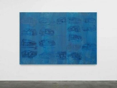Michael Raedecker, place, 2013, acrylic and thread on canvas, 69 x 102 3/8 inches (175.3 x 260 cm. © Michael Raedecker, courtesy of the artist and Andrea Rosen Gallery, New York