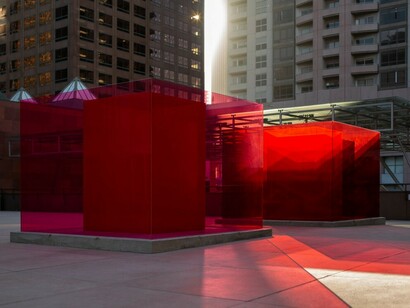 Larry Bell, Bill and Coo, exhibition view. Courtesy of MOCA Gallery