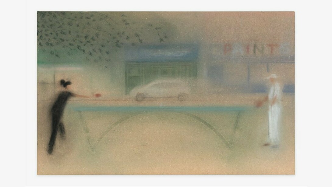 Rasmus Eckhardt, Chinatown Ping Pong, 2024, soft pastel on wood, 27.5 x 43 in. Courtesy of the artist and Shrine Gallery