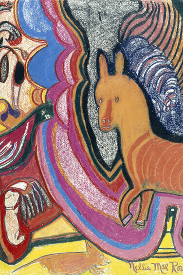 Nellie Mae Rowe,Early Bird,1981. Paint and crayon on canvas, 20 x 24 inches