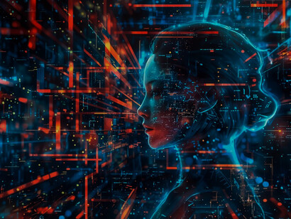 A woman's face showcasing advanced AI technology, featuring a futuristic robotic design