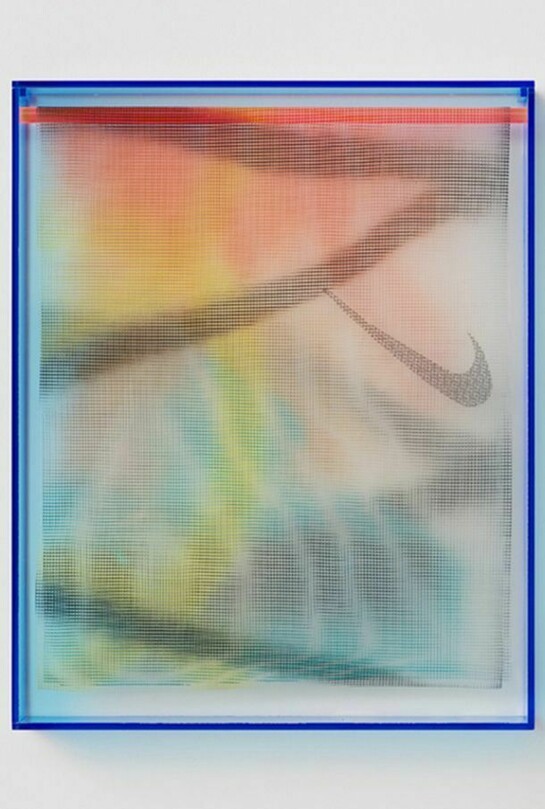 Strauss Bourque-LaFrance, "Babe, just do it." 2013, plexiglass, polyethylene mesh and spray enamel, 20.5 x 16.5 x 2.25 in., 52.1 x 41.9 x 5.7 cm