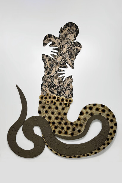 Hector Dionicio Mendoza, Amor Propio (salud mental)/ Self love (mental health) , 2024. Mixed media (wood soil glue ethnic bread cardboard spray paint on wood panel), 88 x 71 in. Courtesy of Luis De Jesus Los Angeles