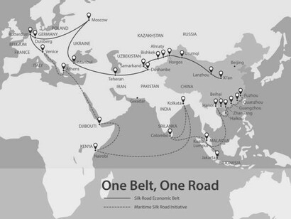The One Belt, One Road initiative is China’s modern Silk Road, showcasing global economic transport pathways on a world map
