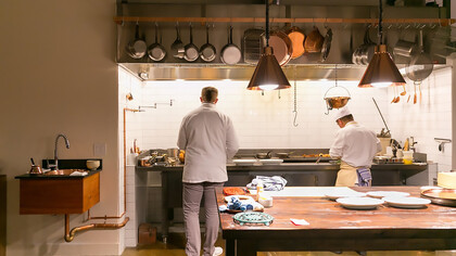 Inside the chef’s counter kitchen at Saison in San Francisco, California, photographed on March 6, 2015