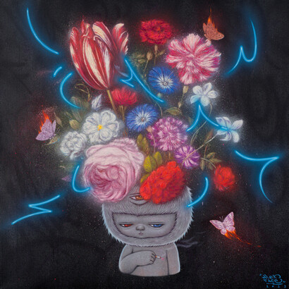 Alex Face, Blue Dream, 2023, acrylic, spray, oil on linen 80x80 cm, © 2023 Alex Face. Courtesy the artist, Bangkok CityCity Gallery and Dorothy Circus Gallery