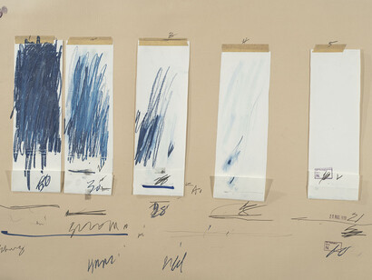Cy Twombly, Untitled, 1970, Crayon, graphite pencil, colored pencil, ink, tape, and cut, torn, and folded paper on colored paper. The Menil Collection, Houston; Gift of the artist. Photography by Paul Hester ©Cy Twombly Foundation  