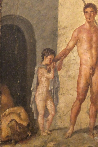 Teseo liberando a los niños atenienses tras haber matado al Minotauro en Cnosos (detalle), pintura encontrada en Pompeya