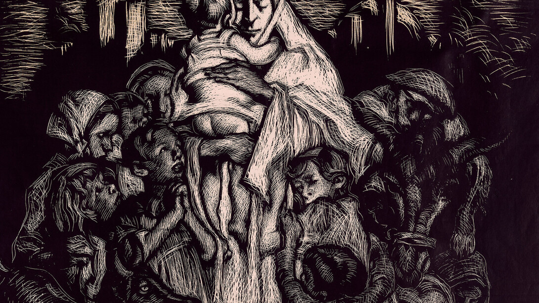 Frank Brangwyn, ‘For the Relief of Women and Children in Spain’ (detail) published by General Relief Fund for Distressed Women and Children in Spain, 1936-7, Lithograph on paper, Leicestershire County Council Artworks © David Brangwyn