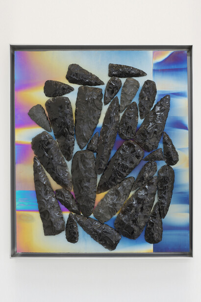 Mark Hagen, Love Letter to the Lygias (C.), 2014, obsidian on titanium sheet anodized with Coke Zero and aluminum frame, 18 x 16 x 3 in. / 45.7 x 40.6 x 7 cm © Mark Hagen, Courtesy Marlborough Chelsea 