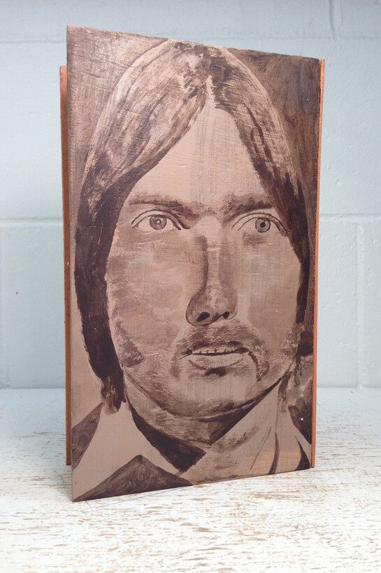 Martin McMurray, Gray Market Faith (back), 2014, acrylic on wood, 10.75 x 6.5 x 2.75 inches