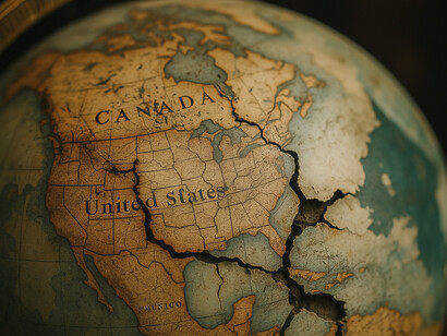 A cracked and fading globe centers on North America, symbolizing the waning gravitational pull of U.S. influence in an increasingly multipolar world