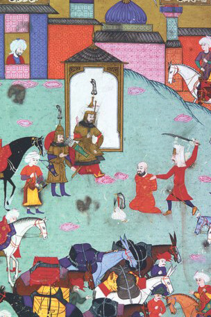 A miniature illustrating the beheading of Ereş Han in 1584, from the Şehinşâhnâme (İÜ Ktp., FY, nr. 1404, vr. 109b)