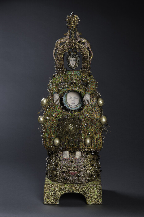 Divorced Beheaded Died, 2015. Richard Cleaver (born 1952). Hand-built ceramic, wood, freshwater pearls, quartz, Swarovski crystals, metal, gold leaf, painted in oil, 26 × 8 × 7 inches. Courtesy of the artist. Photograph by Dan Meyers. © Richard Cleaver.
