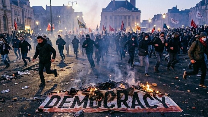 A banner of democracy burning in midst a protest, symbolising a crisis of confidence in elected leadership