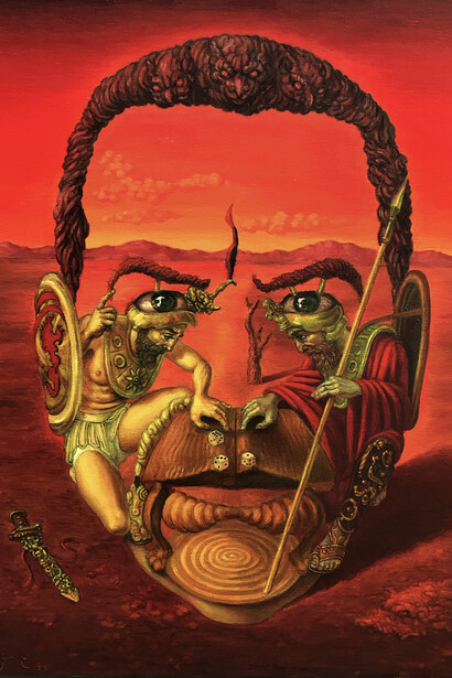 "Aquiles y Áyax jugando a los dados", obra de Hugo Salazar Chuquimango