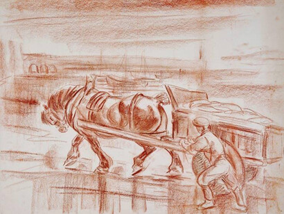 Bringing in the catch, St Ives, coloured crayon on paper.