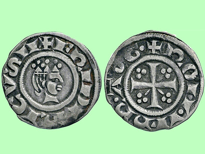 "Vittorino" di Feredico II, Vittoria. Con un peso di circa 0,75 grammi per un diametro di circa 20 mm, recante la legenda riferita all’impresa imperiale: al dritto l’iscrizione + FED ROMA(NO)RVM (“Federico, Re dei Romani”), al rovescio + VICTORIS (“del Vincitore”) e al centro I.P.R.T. (ImPeRaTor)