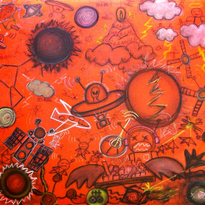 Francesco Zavattari, Analisi di uno spazio irrequieto, Pastello extrafine, idropittura, grafite e penna biro su tela, 80 x 80 cm