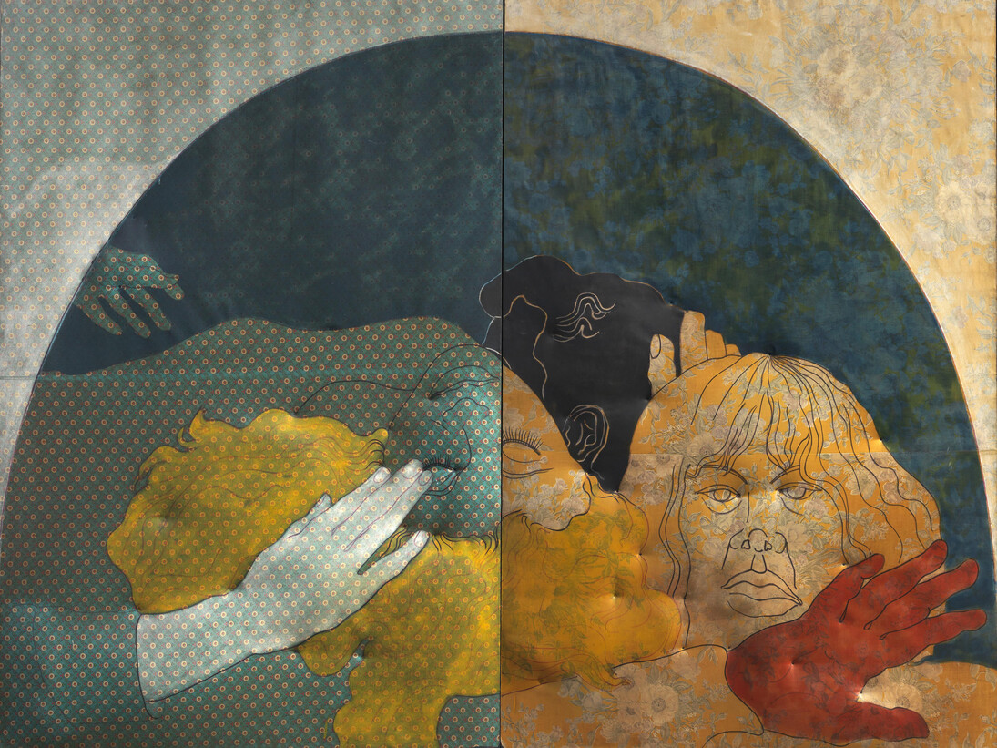 Cesare Tacchi, Per i Beatles, 1965
Painting on cloth relief laid on panel
cm 200 x 260 / in 78.74 x 102.36
(two panels of cm 200 x 130 / in 78.7 x 51.2)
Courtesy Tornabuoni Art