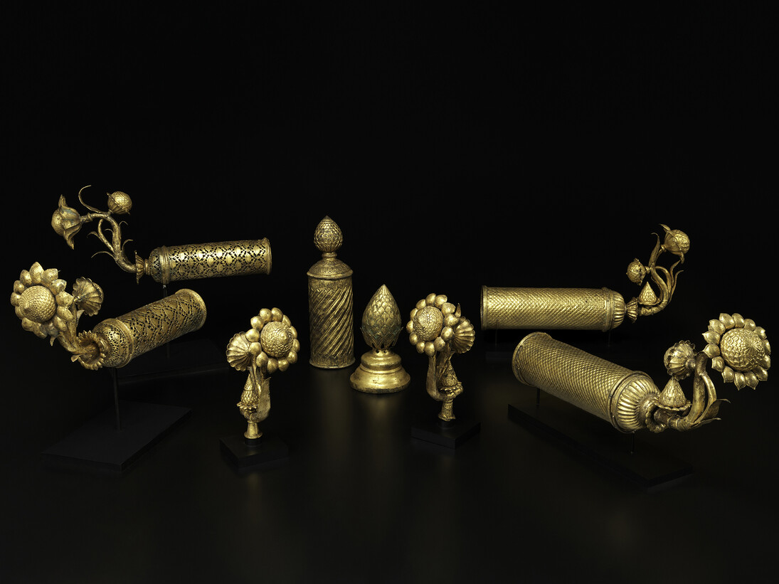 Palanquin Finials, Golconda, ca. 1650 – 80, Cast, pierced, chased, and gilt copper, and brass, dimensions variable, Collections of The Metropolitan Museum of Art, New York, Purchase, Friends of Islamic Art Gifts, 1995 (1995.258a, b); Private collections, New York; Collection of Terence McInerney; Collection of  Patricia Phelps de Cisneros