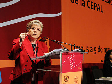 Eda Rivas, Former Minister of Foreign Affairs of Peru, addressing a conference convened in Lima, Peru, on May 5th, 2014, advocating for strategic initiatives aimed at fostering the development of specific regions within the country
