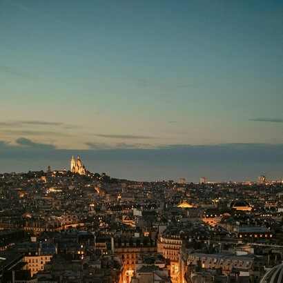 Parigi al tramonto, vista aerea, Francia
