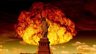 Statue of Liberty with a nuclear explosion in the background