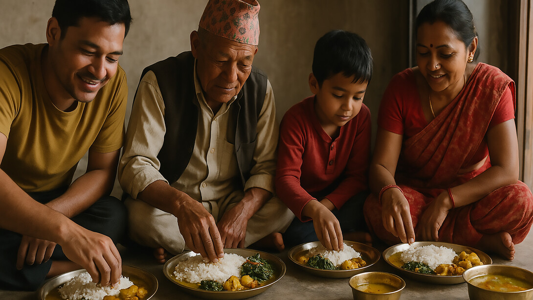 A Nepali family sharing a traditional Brahmin meal together on the floor, honoring simplicity, purity, and connection