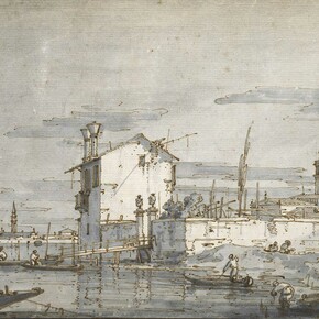 Giovanni Antonio Canal, known as Canaletto (1697‒1768), An Island in the Lagoon, Pen, brown ink with grey wash over ruled pencil lines on blue paper, 20 x 27.9 cm © Ashmolean Museum, University of Oxford