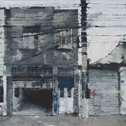 Philippe Cognée, Maison à la porte bleue, 2014, Wax painting on canvas, 153 x 153 cm / 60 1/4 x 60 1/4 in. Courtesy Galerie Daniel Templon, Paris & Brussels