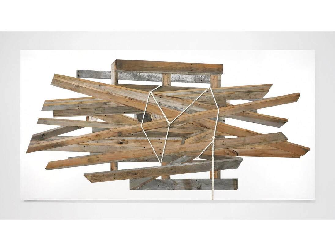 Michael Zelehoski, Hydra, 2015, Assemblage with repurposed wood, phenolic plywood and rope, 142 x 280 cm / 56 x 110 in.