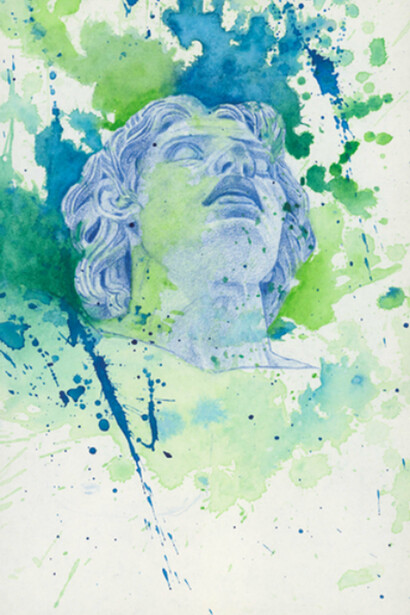 Tableau Bonchamps par SORA. C'est en visitant la galerie David à Angers que SORA a été inspirée par les sculptures exposées. Elle fait rejoindre sur cette oeuvre croquis, tableau patchwork et sa signature personnelle, la tache d'aquarelle