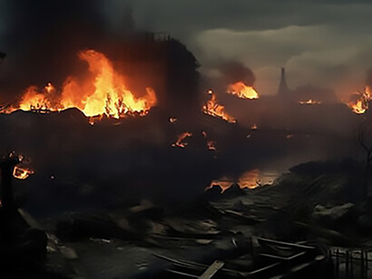 A landscape ravaged by war, featuring city ruins, distressed civilians, and engulfing flames