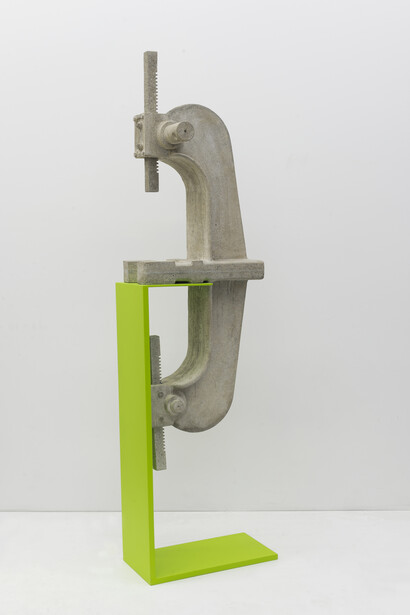 Tao Kulczycki, Dualism, 2014, concrete (modified arbor press), steel, automotive paint, 70 x 19 x 12 in.