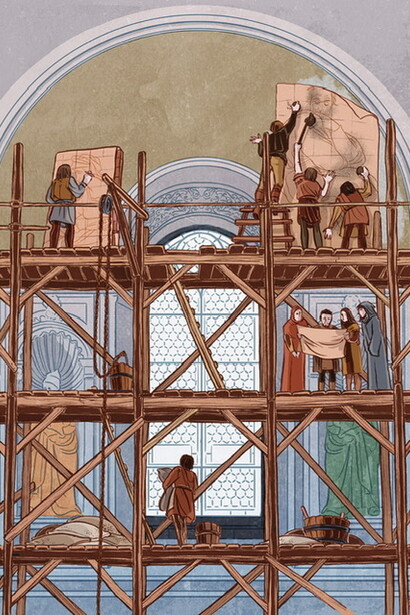 The fresco technique: arricio, drawing and painting, illustration by Sabrina Gabrielli