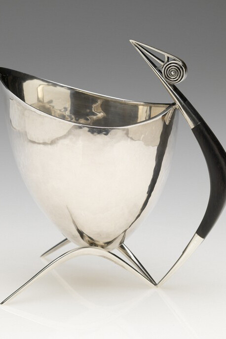 John Prip, American, 1922-2009, Bird Pitcher, 1951, Silver with ebony, 15.2 x 13.3 x 9.5 cm (6 x 5 1/4 x 3 3/4 inches) (spout to handle.; legs) Museum Acquisition Fund 2001.58