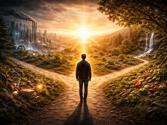 A solitary figure stands at a crossroads between industry, nature, and an open horizon, symbolizing the human search for direction between pleasure, power, and meaning
