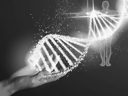 Human hand grasping a visual representation of DNA, symbolizing genetic research and scientific discovery