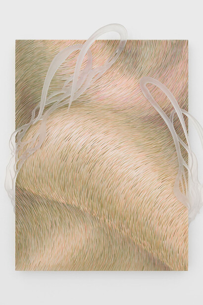 Anastasia Komar, Axoneme, 2023. Acrylic and glass polymer on board, 25 ¼ x 21 x 7 in (64.1 x 53.3 x 17.8 cm). Courtesy of Shulamit Nazarian LA