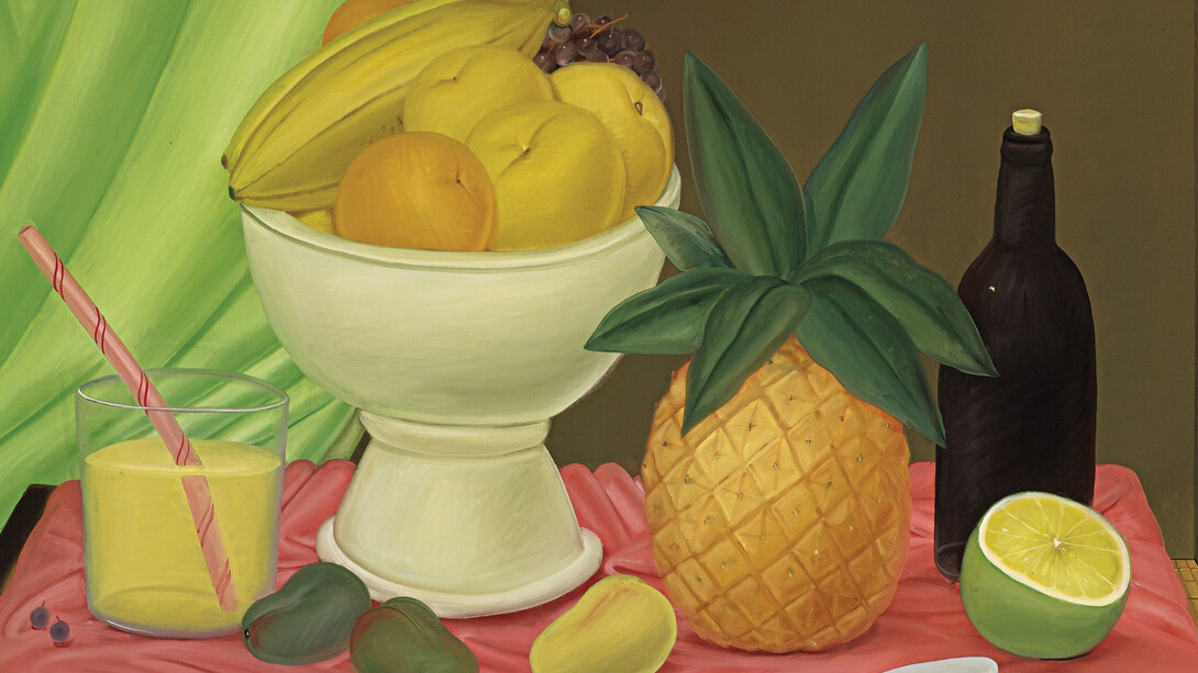 Fernando Botero, Still Life, 1983, Signed and dated “Botero, ‘03 “ lower right, Oil on canvas, 42 1/4 x 59 1/8 in. 107.3 x 152.1 cm.