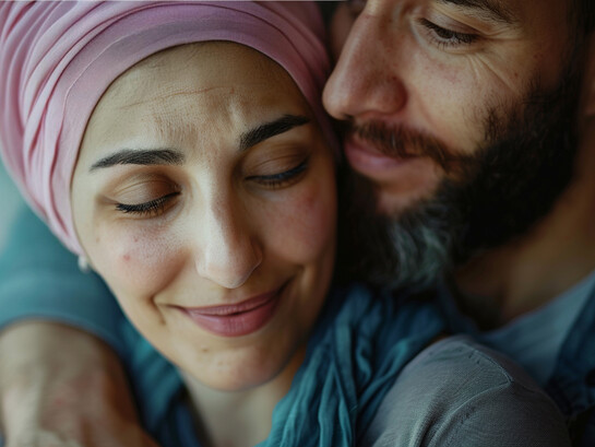 A husband supports his wife during her breast cancer treatment