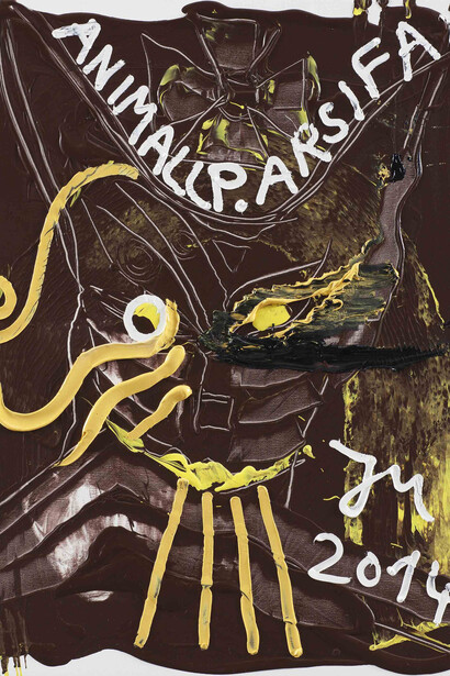 Jonathan Meese, DER KUNSTBÄR SCHLÄFT OHNE BRÜLL'DE ZIEL, 2014, oil and acrylic on canvas, 100.4 x 80.2 x 3.3 cm / 39 1/2 x 31 5/8 x 1 1/4 in. Courtesy Jonathan Meese et Galerie Daniel Templon, Paris. Photo Jan Bauer