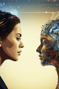 A symbolic encounter between human consciousness and artificial intelligence, representing the need for balanced integration to ensure a harmonious, evolving future