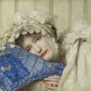 Anna Alma-Tadema (1867–1943), Girl in a Bonnet with her Head on a Blue Pillow, 1902, Watercolour on paper, 36.6 x 26.4 cm © Ashmolean Museum, University of Oxford