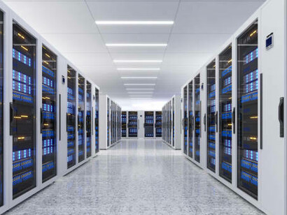 A view of a high-tech data center with rows of fully operational server racks, incorporating advanced telecommunications, server room cooling, and 3D rendering for enhanced visualization