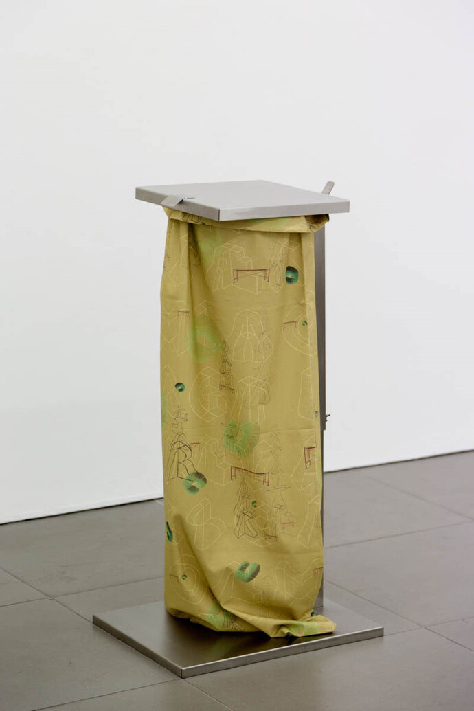 Marte Eknæs, Disposal, (Featuring Nicolau Vergueiro), 2013, steel trash bag stand, custom printed fabric, 97 x 40 x 50 cm
