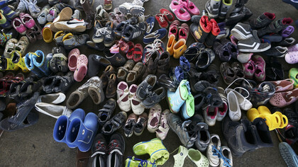 Abandoned children's shoes amid the refugee crisis in Budapest, Hungary, Central Europe, 6 September 2015